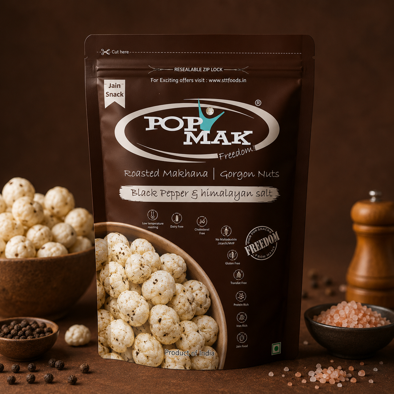 Black Pepper & Himalayan Salt Freedom (80g) | Roasted & Flavoured Makhana | Healthy Snack | Gorgon Nuts