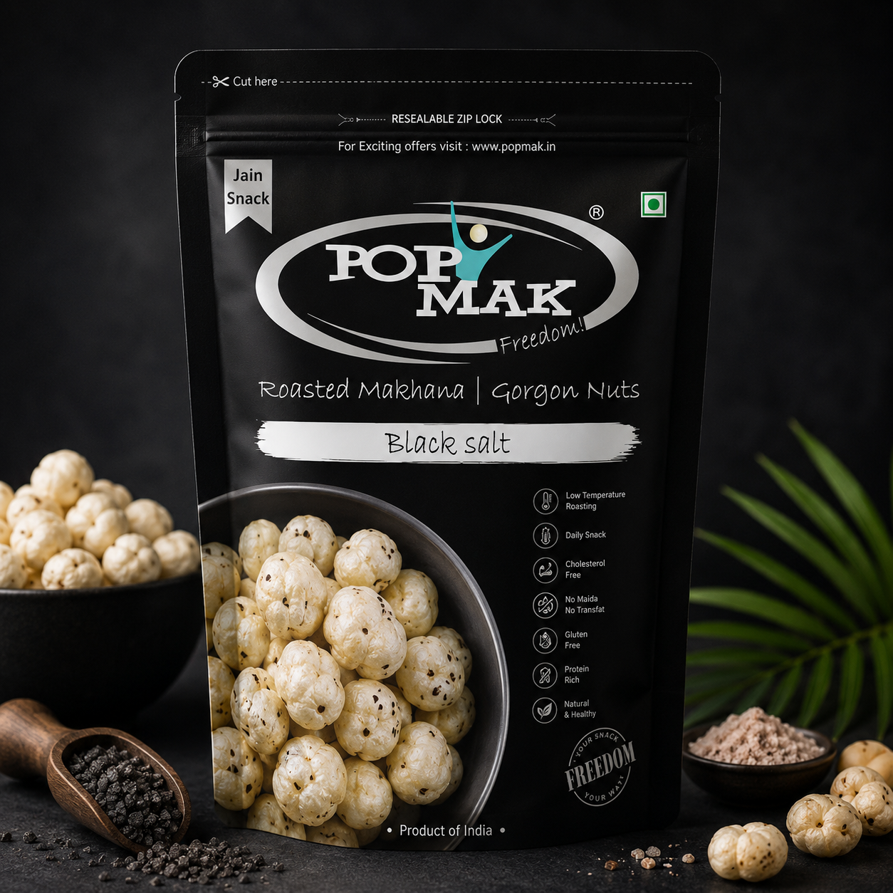 POPMAK Black Salt Freedom - 55 G | Guilt free, Healthy Snack | Fox Nuts | Roasted & Flavoured Makhana