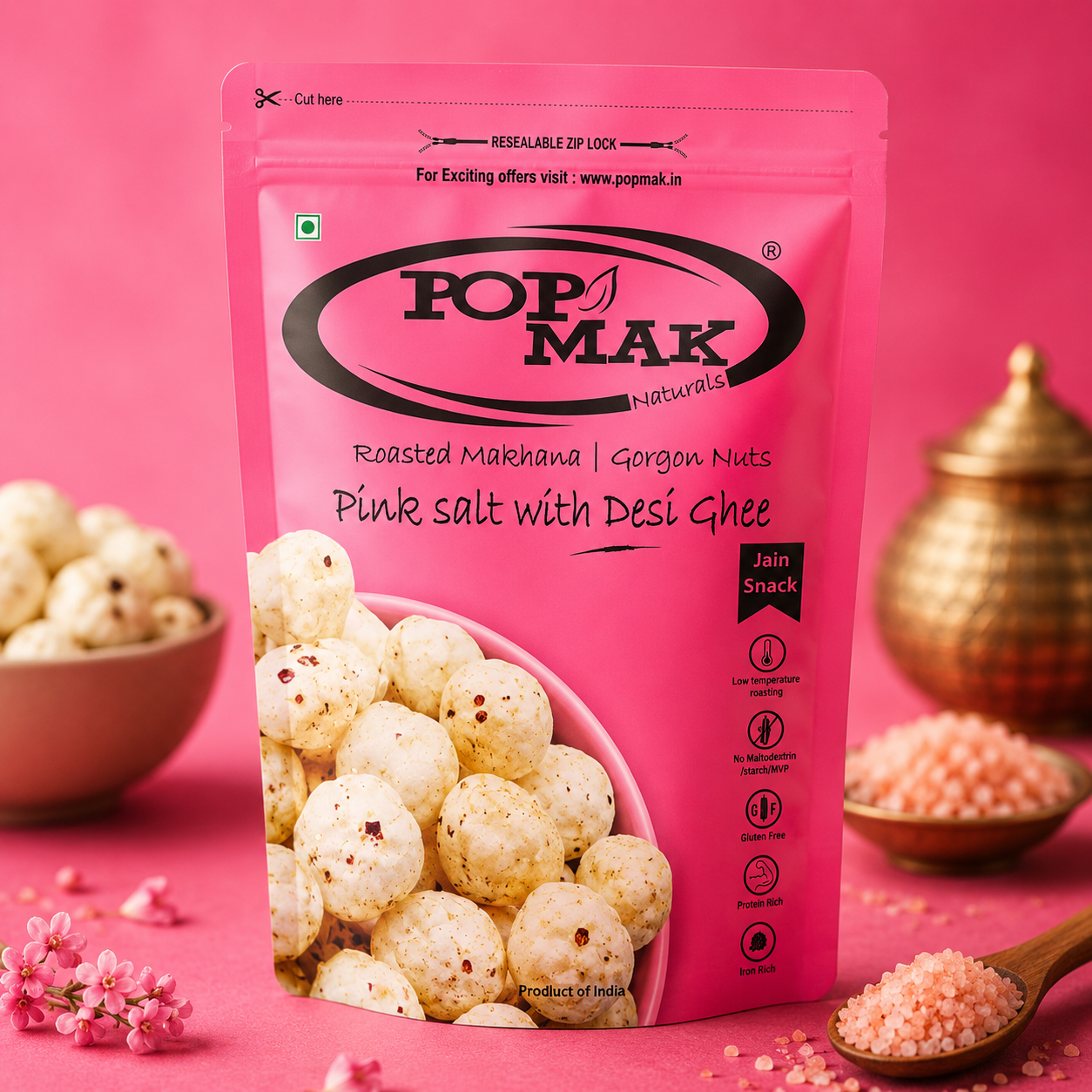 Roasted Flavoured Makhana – Pink Salt with Desi Ghee (55g) | Healthy Snack | Fox Nuts