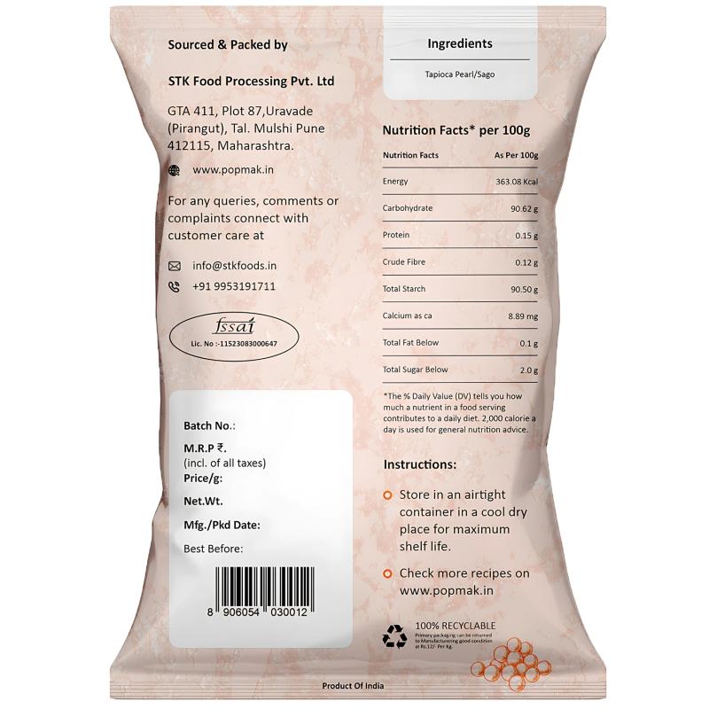 Popmak Premium 100% Natural Gluten-Free Sabudana (Tapioca Pearls / Sago) Fasting Snack– 500g Pack